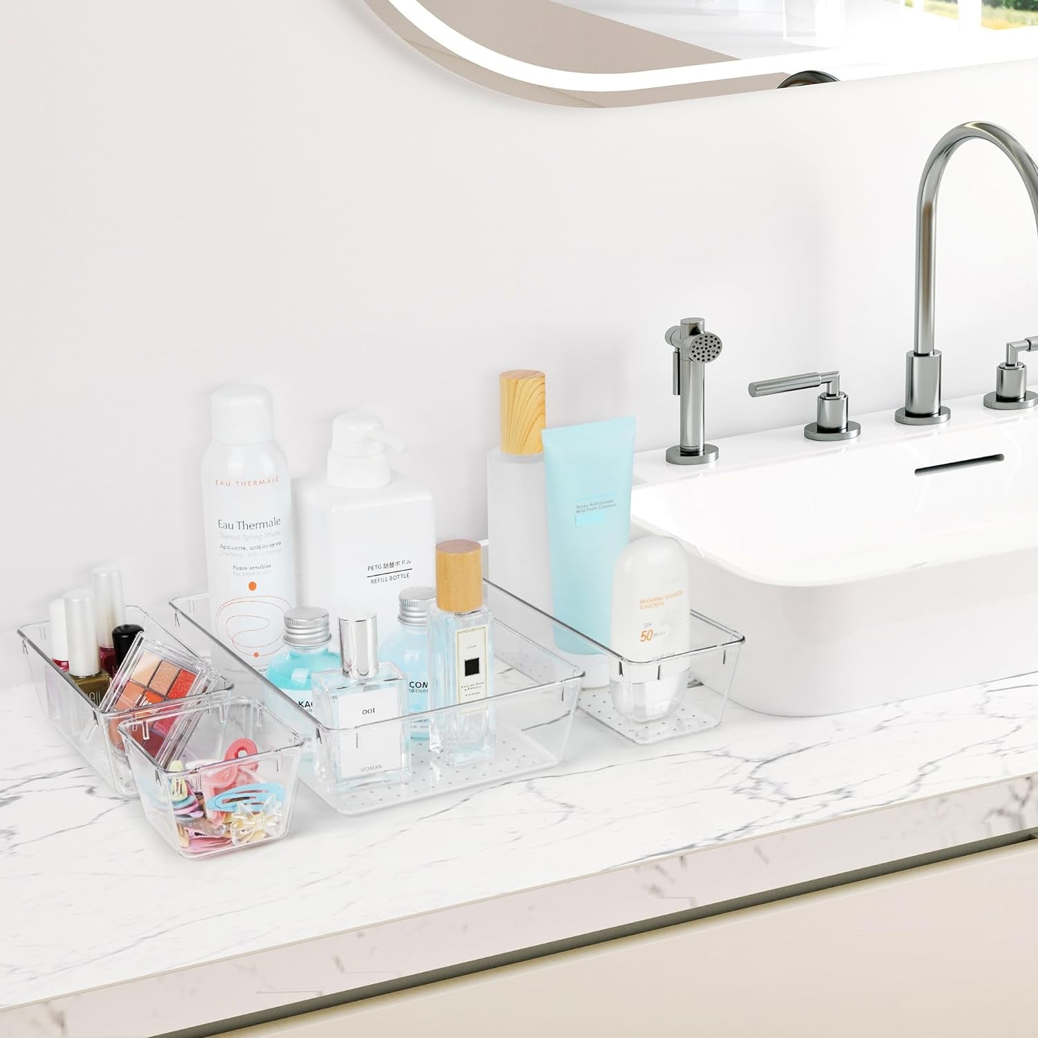 25 PCS Clear Plastic Drawer Organizers Set, 4-Size Versatile Bathroom and Vanity Drawer Organizer Trays, Storage Bins for Makeup, Bedroom, Kitchen Gadgets Utensils and Office