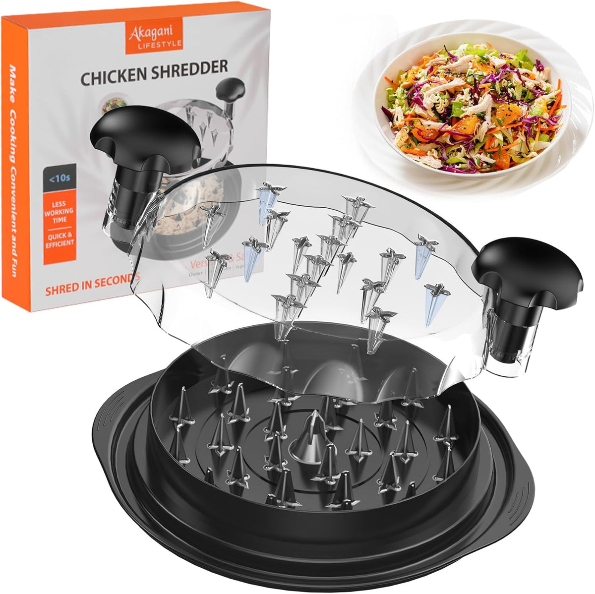 Upgrate Chicken Shredder, 10''Chicken Shredder Tool Twist with Transparent Lid, Ergonomic Handle and Anti-Slip Base, Dishwasher Safe, Cleaning Brush, Heat Resistant (Black)