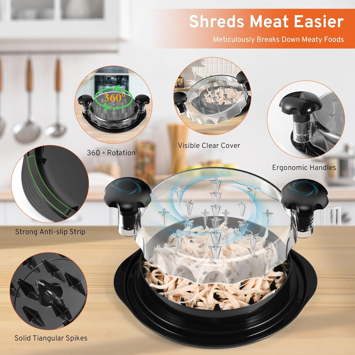 Upgrate Chicken Shredder, 10''Chicken Shredder Tool Twist with Transparent Lid, Ergonomic Handle and Anti-Slip Base, Dishwasher Safe, Cleaning Brush, Heat Resistant (Black)
