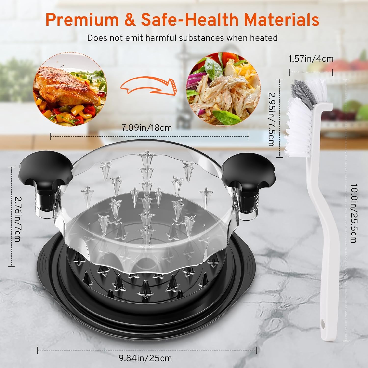 Upgrate Chicken Shredder, 10''Chicken Shredder Tool Twist with Transparent Lid, Ergonomic Handle and Anti-Slip Base, Dishwasher Safe, Cleaning Brush, Heat Resistant (Black)