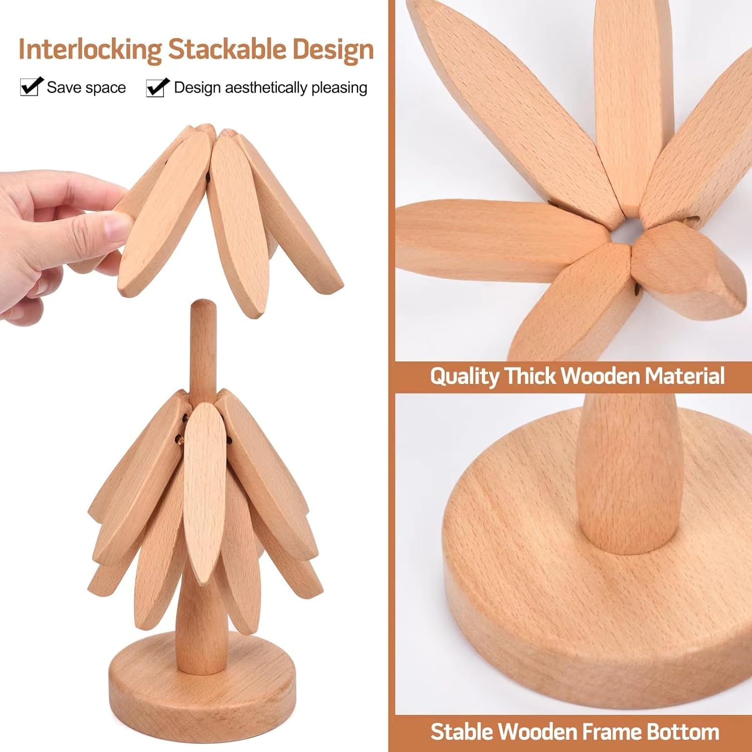 Wooden Trivets for Hot Dishes， Tree Shape Trivet Set,Trivets for Hot Dishes - 5 Wooden Trivet + 1 Stand（Beech Wood）