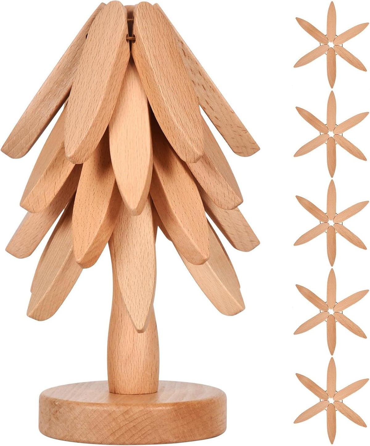Wooden Trivets for Hot Dishes， Tree Shape Trivet Set,Trivets for Hot Dishes - 5 Wooden Trivet + 1 Stand（Beech Wood）