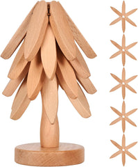 Wooden Trivets for Hot Dishes， Tree Shape Trivet Set,Trivets for Hot Dishes - 5 Wooden Trivet + 1 Stand（Beech Wood）