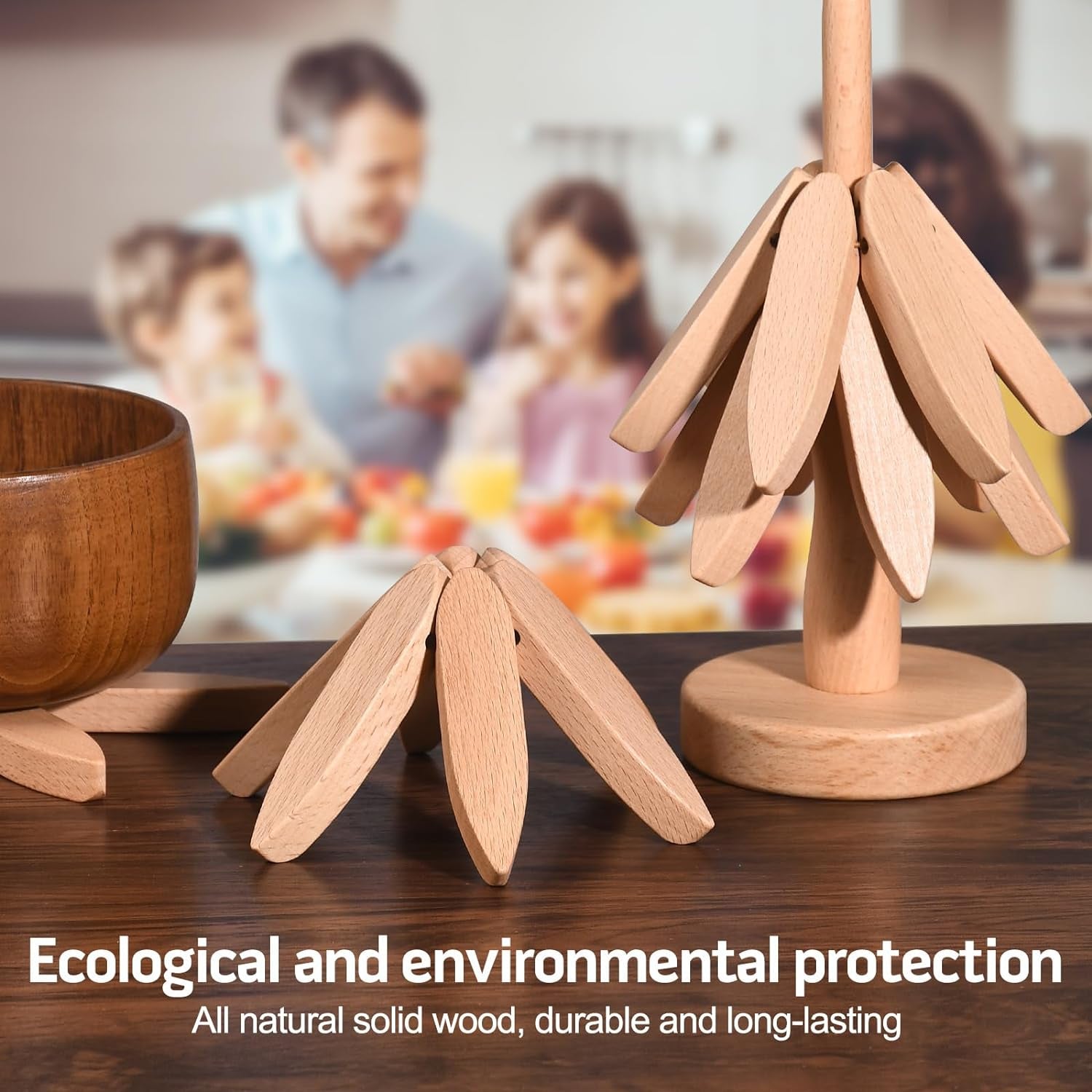 Wooden Trivets for Hot Dishes， Tree Shape Trivet Set,Trivets for Hot Dishes - 5 Wooden Trivet + 1 Stand（Beech Wood）