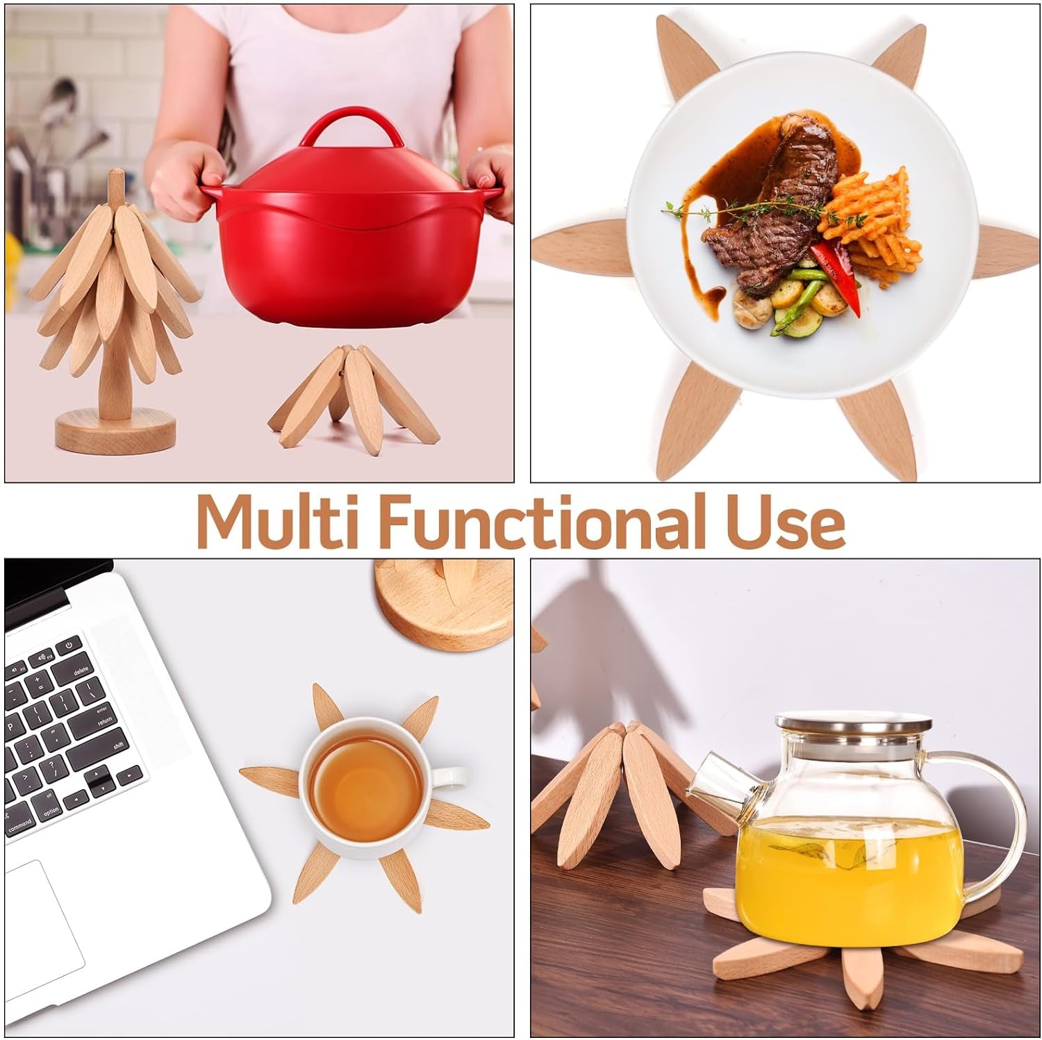 Wooden Trivets for Hot Dishes， Tree Shape Trivet Set,Trivets for Hot Dishes - 5 Wooden Trivet + 1 Stand（Beech Wood）